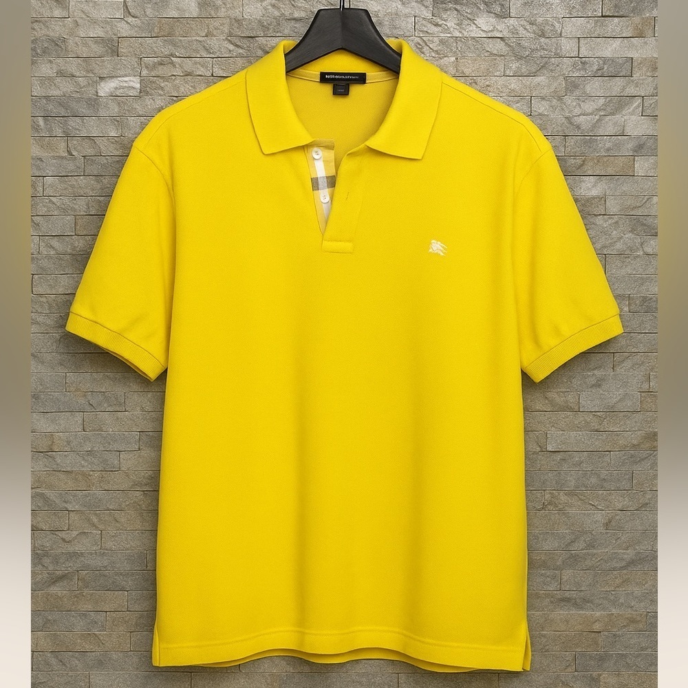 Burberry London Polo Shirt Yellow Nova Check Placket Size L Cotton